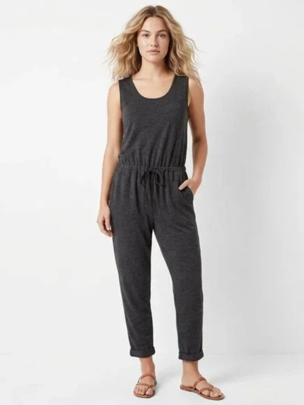 One Clothing Dark Grey Sleeveless Jumpsuit with Fitted Silhouette